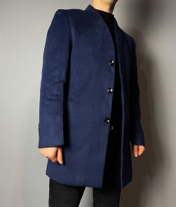 Мужское деловое пальто классическое со скрытыми пуговицами темно синее фото