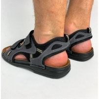 Мужские сандалии спортивные на липучке тканевые с кожаными вставками фото