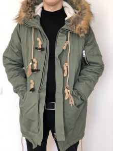 Зимняя мужская куртка парка с пышным мехом теплая хаки