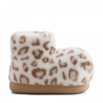 Тапочки-угги chikoku Leopard White белые плюшевые с нежным бежевым леопардовым принтом