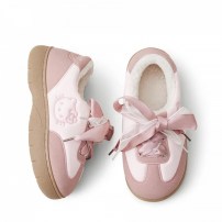 Кроссовки chikoku Hello Kitty розово-бежевые замшевые с атласным бантом и мехом фото