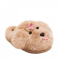Тапочки chikoku Cute Maltese коричневые суперпушистые 3D-мальтезе с клетчатым бантиком и язычком