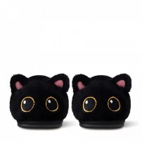 Тапочки chikoku Kawaii Eyes черные плюшевые с желтым смайлом-глазом и оранжевой стелькой фото