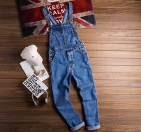 Темно синий прямой джинсовый комбинезон с подтяжками - ретро фото