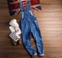 Темно синий прямой джинсовый комбинезон с подтяжками - ретро фото