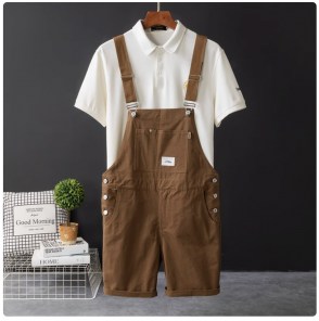 Яркие модные свободные шорты на подтяжках с нагрудным карманом фото