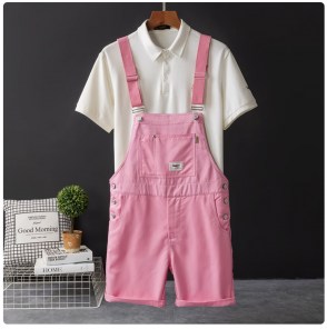 Яркие модные свободные шорты на подтяжках с нагрудным карманом фото