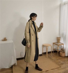 Длинный тренч пальто бежевый женский фото