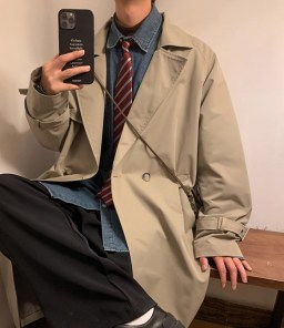 Мужской широкий тренч на одну пуговицу фото