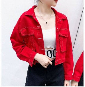 Джинсовый красный женский жакет фото