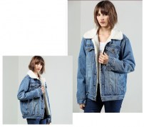 Свободная синяя джинсовая куртка с мехом для девушки фото