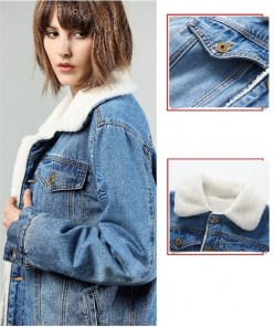 Свободная синяя джинсовая куртка с мехом для девушки фото