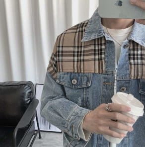 Джинсовый пиджак со вставкой фото