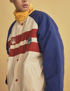 Куртка с воротником-стойкой и синими рукавами фото