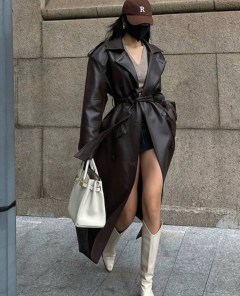 Женский кожаный плащ тренч - свободного кроя