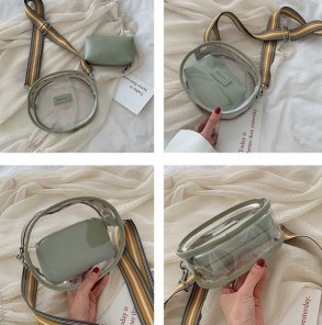 Круглая прозрачная клатч сумка на широком ремешке фото
