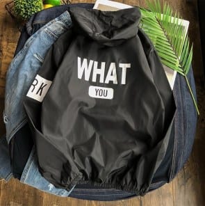 Кофта ветровка с капюшоном и надписью What you на спине - однотонная фото