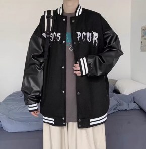 Мужская оверсайз куртка американка с кожаными рукавами и надписью фото