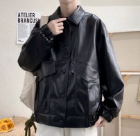 Мужская ретро куртка-кожанка с воротником на резинках фото