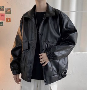 Мужская ретро куртка-кожанка с воротником на резинках фото