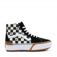 Высокие кеды Vans Sk8-HI Stacked черно-белые шахматные с надписями Vans на gum-платформе