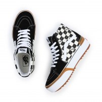 Высокие кеды Vans Sk8-HI Stacked черно-белые шахматные с надписями Vans на gum-платформе фото