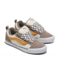 Кеды Vans Knu Skool Mega Check серо-бежевые с желтой полоской и шахматными шнурками фото