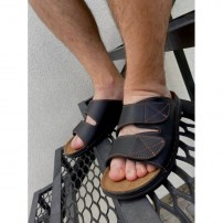 Мужские кожаные тапочки шлепанцы на липучках фото