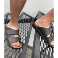 Мужские кожаные тапочки шлепанцы на липучках фото