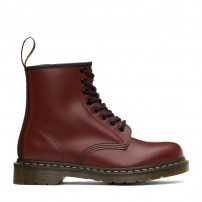 Ботинки Dr. Martens 1460 Cherry Red вишнёвые из гладкой кожи с желтой строчкой