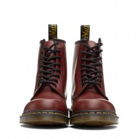 Ботинки Dr. Martens 1460 Cherry Red вишнёвые из гладкой кожи с желтой строчкой фото