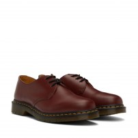 Туфли Dr. Martens 1461 Cherry Red вишнёвые 3-дырочные из гладкой кожи с желтой строчкой фото